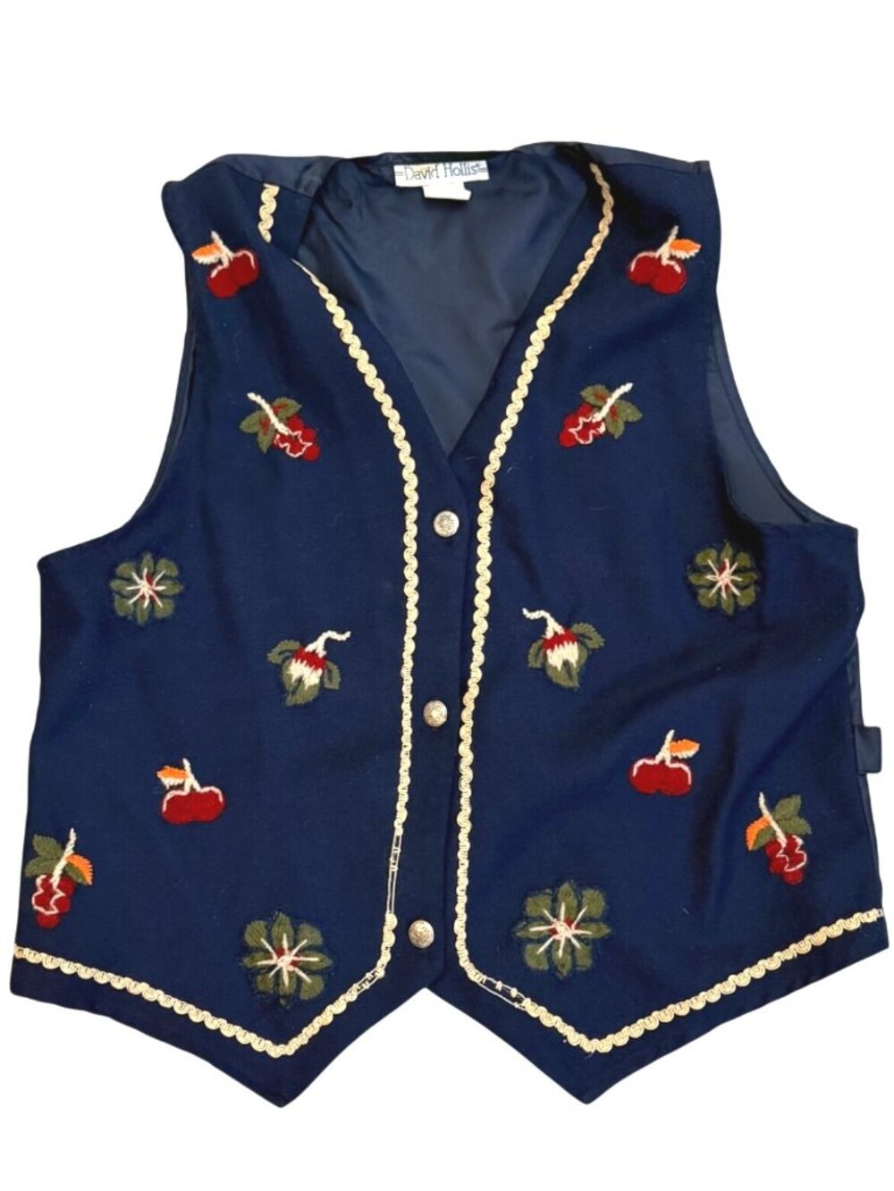 David Hollis Women's Button Front Vest Sz M Cottage Core Boho Embroidered Floral